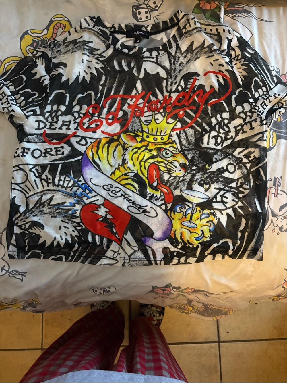 Ed Hardy Mesh Crop Top Black White Graphic Tee with Red Script and Yellow Tiger